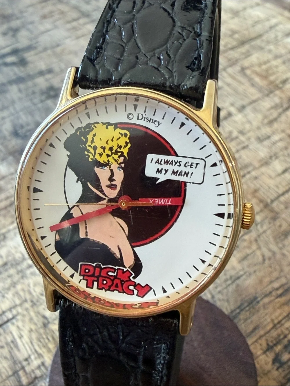 Vintage Timex Dick Tracy Comic Dial Watch with Black Strap and Gold Case 32.5mm